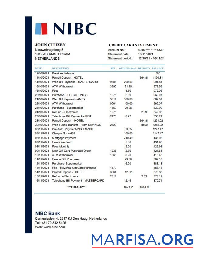 Printable Netherlands NIBC bank statement excel sample
